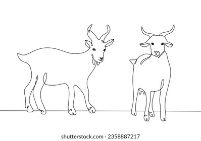 A couple of goats. An animal that gives milk. Goat breeding. World Farm Animals Day. One line drawing for different uses. Vector illustration.