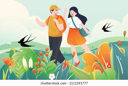 Una pareja sale a hacer una excursión de primavera en primavera, el fondo está en la hierba. ilustración vectorial