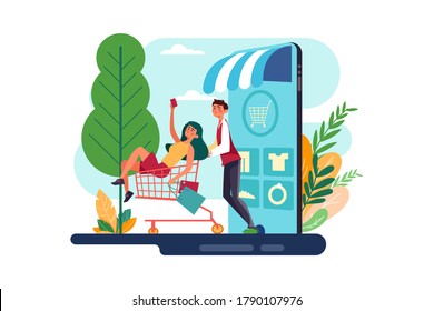 The couple goes shopping chart in a mobile online shop.