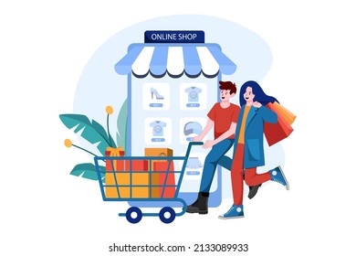 The couple goes shopping chart in a mobile online shop.