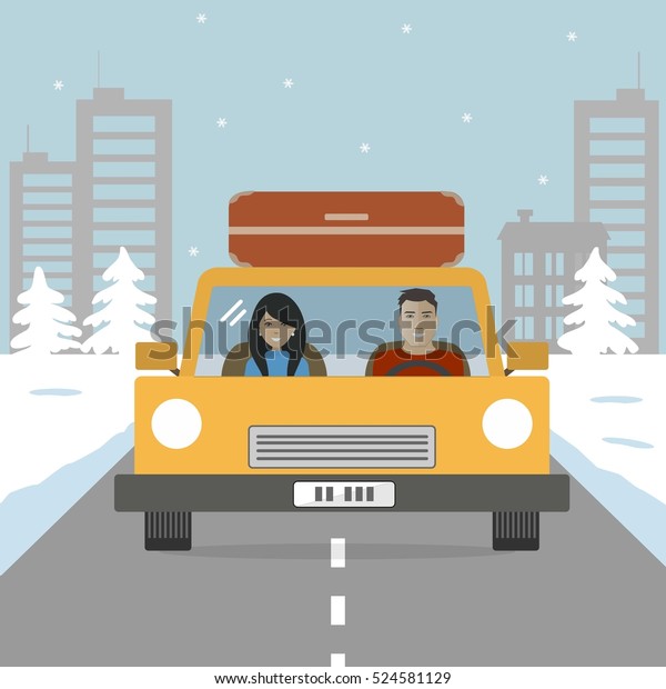 Couple goes in\
vacation. Man and woman in a yellow car on the background of a\
winter landscape. There are buildings, trees, road in the picture.\
Vector flat\
illustration
