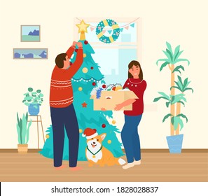 Couple With Gog Decorating Chritmas Tree At Home. Flat Vector Illustration.