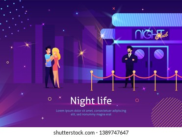 Couple Going to Night Club through Security Check Banner Vector Illustration. Man and Woman Spending Night Life Actively. Guard Standing near Entrance to Party Event. Characters hugging.