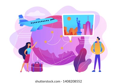 Couple going on holiday vacation, around world journey. Travel agency tour. Inside country traveling, local tourism, learn your country concept. Bright vibrant violet vector isolated illustration