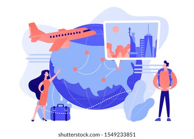 Couple going on holiday vacation, around world journey. Travel agency tour. Inside country traveling, local tourism, learn your country concept. Pinkish coral bluevector isolated illustration