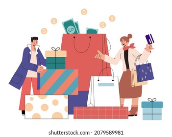 Couple going on a shopping spree in flat illustration. Shopaholics spending lots of money on double eleven to buy loads of shopping bags and gift boxes