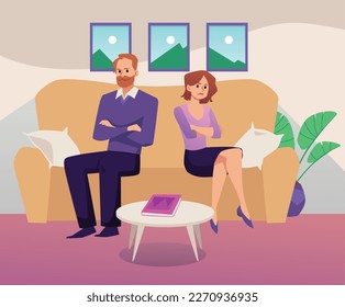 Couple going through relationship crisis and marital problems. Man and woman offended at each other and have bad relationships, flat vector illustration.