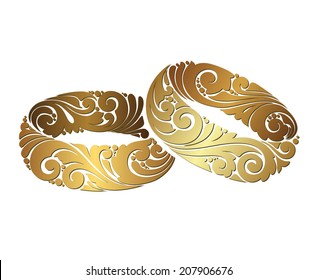 Couple of gold wedding ornamental rings on white background. Decorative icon