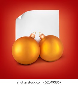 couple of golden christmas baubles with paper sticker. Vector illustration.