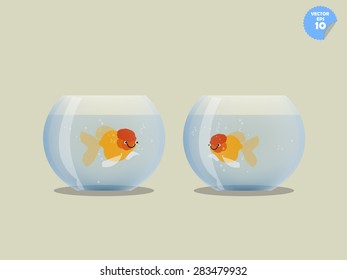couple goldfish in separated bowl,isolated goldfish in bowl, friendship concept