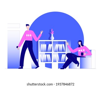 Couple goodbye Meetup illustration concept, a boy come to meet up her friend, girl say bye her friend after home meeting