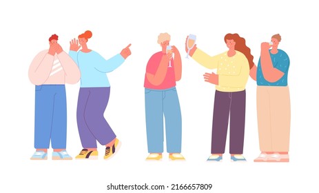 Couple gossip about drinking friends. Alcohol addiction, party or meeting with cocktails. Office party, diverse colleagues or students. Healthy and unhealthy vector characters