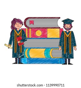 couple of graduates with books pile