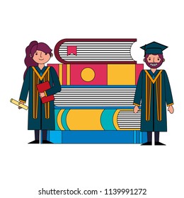 couple of graduates with books pile