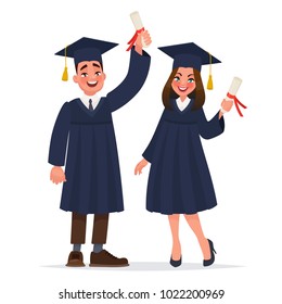Couple Of Graduates With Diplomas. The Guy And The Girl Graduated From University. Vector Illustration In Cartoon Style