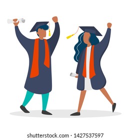 Couple in graduation gown and hat. Girl and boy graduate from college, school or university. Achievement, academic degree. Isolated vector illustration in cartoon style