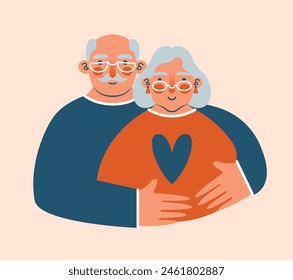 Couple of grandfather and grandmother, who hugging. International Day of Older Persons.  Cute portraits of grandparents. Care, support for pensioners. Older women and men in flat style.