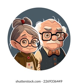 Couple Grandma and Grandpa Together. Cute Cartoon Style Pensioner. Vector