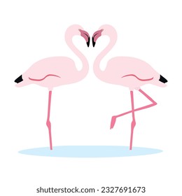 Couple greater flamingo characters. Phoenicopterus roseus isolated on white background. Bird in love who stood up in the shape of a heart. Valentine's Day. Vector illustration.