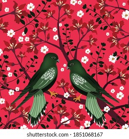 A couple green bird on red tree, christmas card,illustration vector doode comic art.
