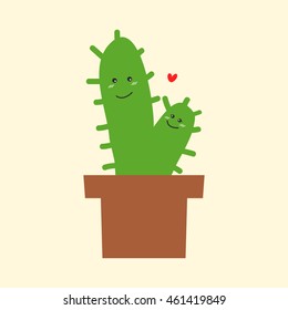 The couple green cactus smile together and heart. Cartoon character flat design vector illustration. Love valentine concept. Twin cactus.