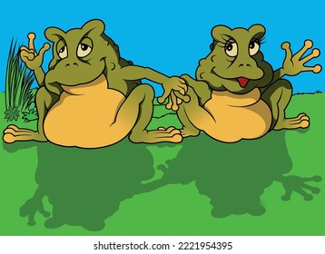 Couple of Green Frogs with a Yellow Belly Holding Hands - Colored Cartoon Illustration with Background, Vector