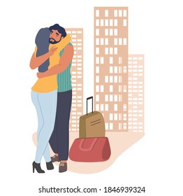 Couple greeting each other with hug, flat vector illustration. Woman meeting her husband coming back home from business trip, returning to home from tour. Homecoming.