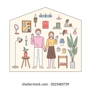 A couple is greeting each other in the shape of a house, and there are interior accessories all around. outline simple vector illustration.