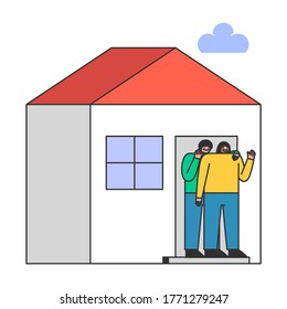 Couple Greeting New Neighbors. Man And Woman Standing At House Doors Waving Hands. Neighbors Welcome And New Real Estate Concept. Flat Vector Illustration