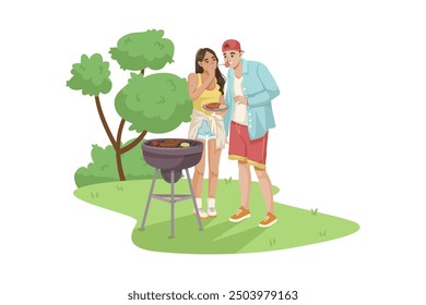 Couple grilling food together in a park. Vector illustration