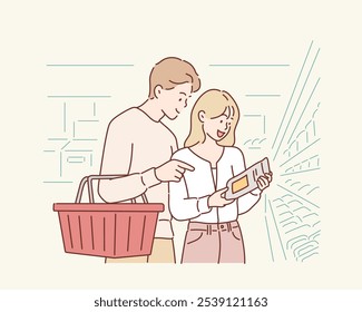 O casal está fazendo compras no supermercado. Ilustrações de design de vetor de estilo desenhado à mão.