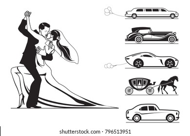 Couple of groom and bride with different wedding cars - vector illustration