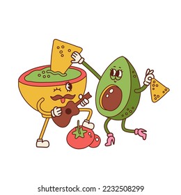 Couple of Guacamole and Avocado characters eating Nachos. Nacho dip in bowl mascot playing the guitar. Mexican food retro cartoon concept. Latin American Serenade. 40s cartoon vector illustration