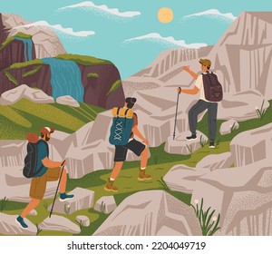 Couple with guide trekking in mountains. Travel adventure and hiking concept vector poster. People climb mountain. Man and woman with backpack in outdoor nature landcape