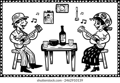 couple of guitar players suddenly making poetry in a bar. Woodcut style.