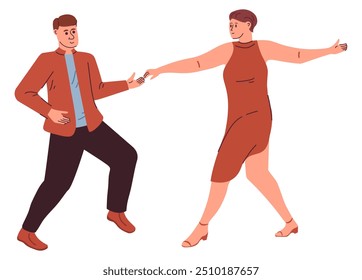 Couple of guy and girl dancing. Holding each other.Hustle dancers.Couple dances to music.Carnival dancers.Isolated on white background.The characters are dancing.