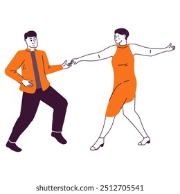 Couple of guy and girl dancing. Holding each other.Doodle sketch icon.Couple dances to music.Carnival dancers.Isolated on white background.The characters are dancing.