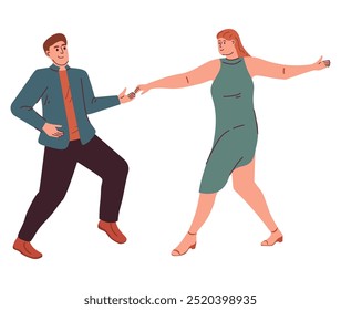 Couple of guy and girl dancing.Couple dances to music.Carnival dancers.Isolated on white background.The characters are dancing.