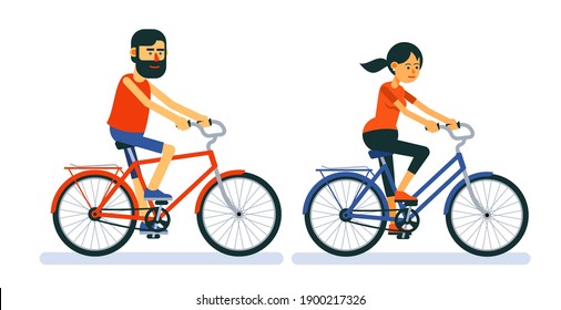 Couple of guy and girl ride on bicycle. Man and woman ride bicycles. Vector isolated illustration.