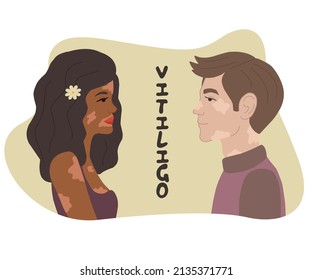 A couple of a guy and a girl with vitiligo. Vector illustration in a flat style. Depigmentation of the skin.