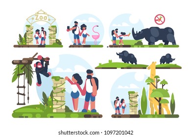 Couple of guy and girl walking in zoo. People and animals, vector illustration