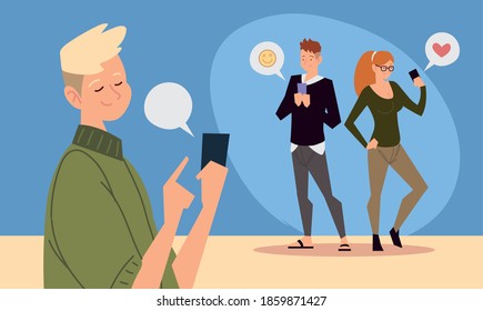 couple and guy using smartphones devices connection vector illustration