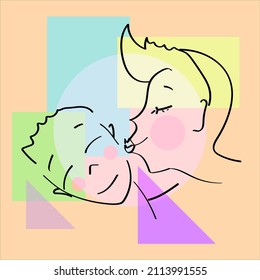 A couple of guys in love or a girl and guy. The woman kisses the man on the cheek, he smiles. linear drawing. Black contours on a colorful geometric abstract background. Postcard valentines day. Love.