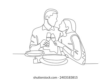 A couple had dinner with a glass of wine. Candle light dinner one-line drawing