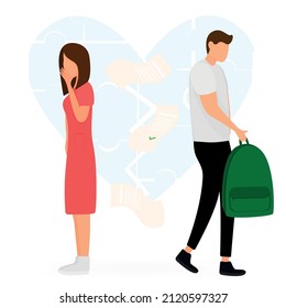 couple had problems in a relationship or a quarrel on the verge of divorce. The man leaves with things from the family and drops the divorce papers.Vector illustration in a flat style