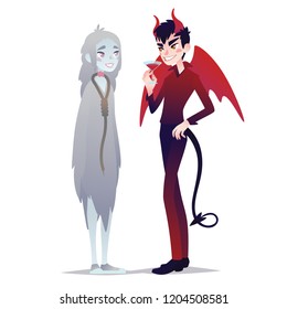 Couple of Halloween characters in cartoon style. Vector illustration of boy in costume of Devil and girl in costume of Ghost dressed up for Halloween masquerade party on white background.