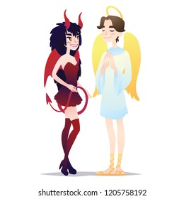 Couple of Halloween characters in cartoon style. Vector illustration of boy in costume of Angel and girl in costume of Devil dressed up for Halloween masquerade party on white background.