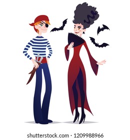 Couple of Halloween characters in cartoon style. Vector illustration of boy in costume of Pirate and girl in costume of Vampire dressed up for Halloween masquerade party on white background.