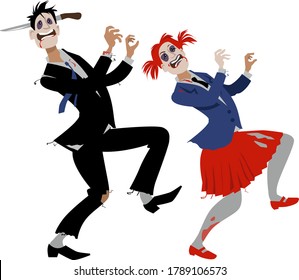 Couple in Halloween zombie costumes and makeup dancing, EPS 8 vector illustration