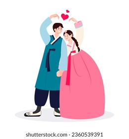 Couple in Hanbok costume making heart hands pose vector illustration